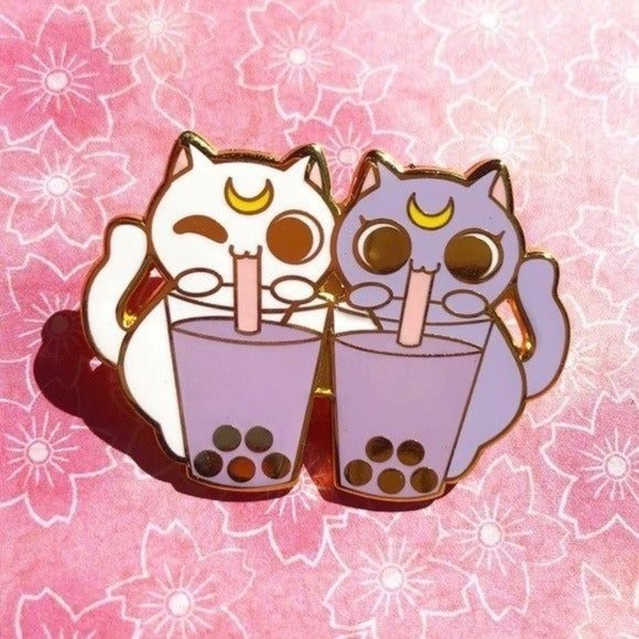*50% OFF! Cats & Boba enamel pin flair cat tea straw crescent moon - Picture 3 of 3